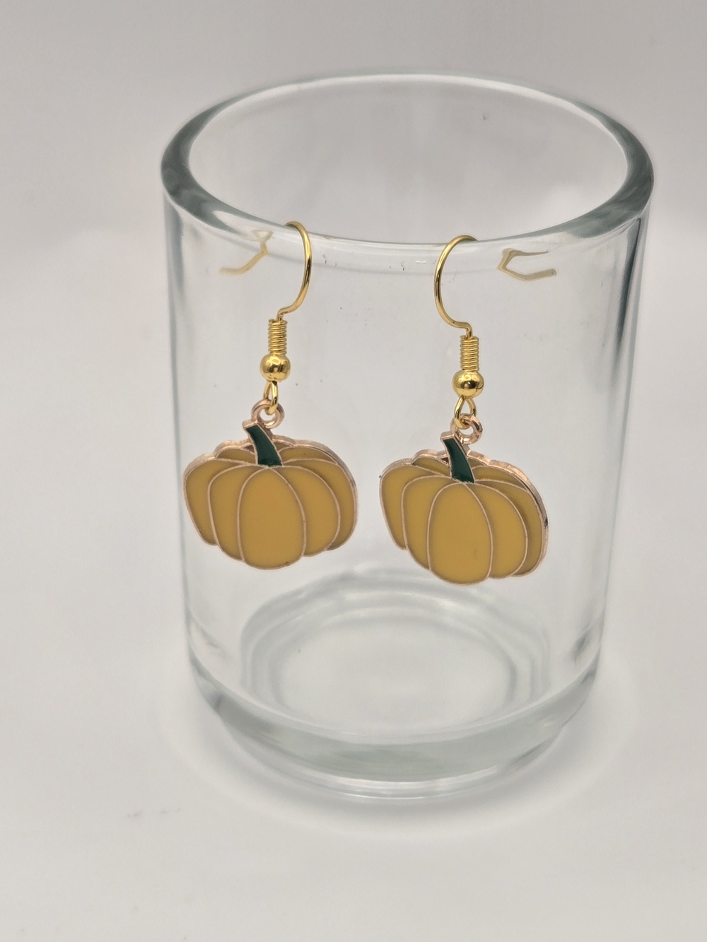 Gold-Tone Yellow Pumpkin Drop Earrings with Green Stem